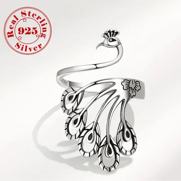 925 Sterling Silver Peacock Adjustable Ring - Picture 1 of 5